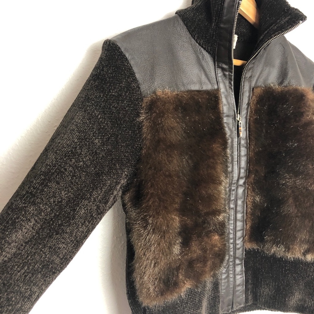 Leather, faux fur & chenille bomber jacket brown L